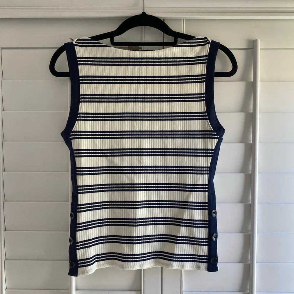 J. Crew Navy & White Striped Premium Rib Side Button Boatneck Top Size Small NWT - Picture 2 of 6